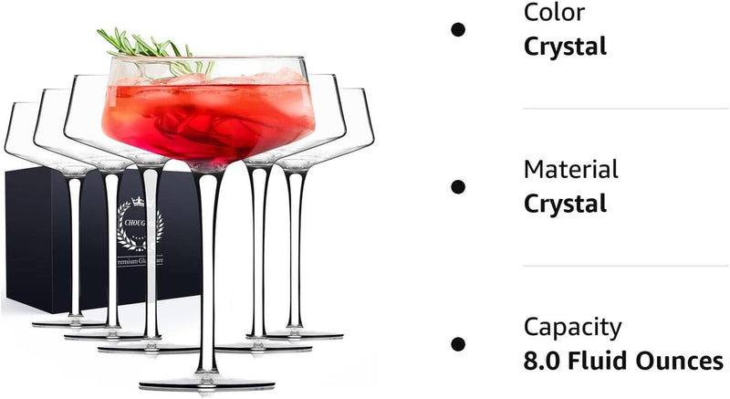 Chouggo Martini Glasses Set of 6, 8Oz Coupe Cocktail Glasses, Hand Blown Premium Crystal Cocktail Glass for Bar, Martini, Cosmopolitan, Manhattan