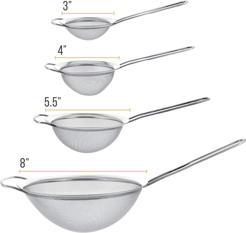 U.S. Kitchen Supply - Set of 4 Premium Quality Fine Mesh Stainless Steel Strainers with Wide Resting Ear Design - 3", 4", 5.5" and 8" Sizes - Sift, Strain, Drain and Rinse Vegetables, Pastas & Tea