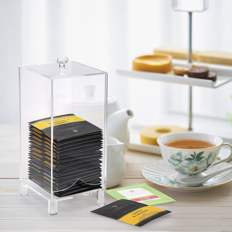 ELLDOO Tea Bag Caddy, Clear Acrylic Tea Bag Storage Organizer with Lid, Tea Bag Holder and Dispenser, Tea Accessories - Great for Tea Bars Tea Gifts