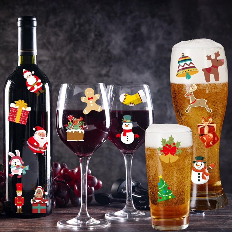 96 Pcs Christmas Wine Glass Drink Markers, Removable Xmas Static Stickers of Santa Claus, moose, bells, Christmas tree Wine Bottle Tags for Christmas Party Champagne Cocktail Wine Party Supplies