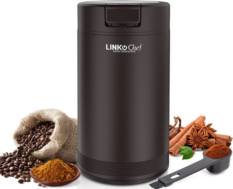 Coffee Grinder with Brush, LINKChef 200W Spice Grinder with Stainless Steel Blade for Seed Bean Nut Herb Pepper & Grain, Lid Activated Safety Switch, Brown, CG-8420