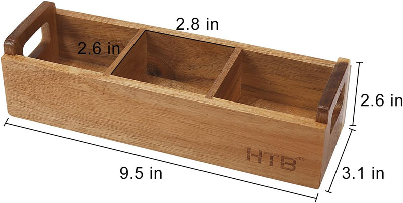 HTB Small Tea Bag Box Wooden, 3 Compartments Acacia Wood Tea Bag Chest with Handle, Mini Countertop Divided Storage Container for Beverage Supplies, Sugar, Sweeteners, Individual Packets