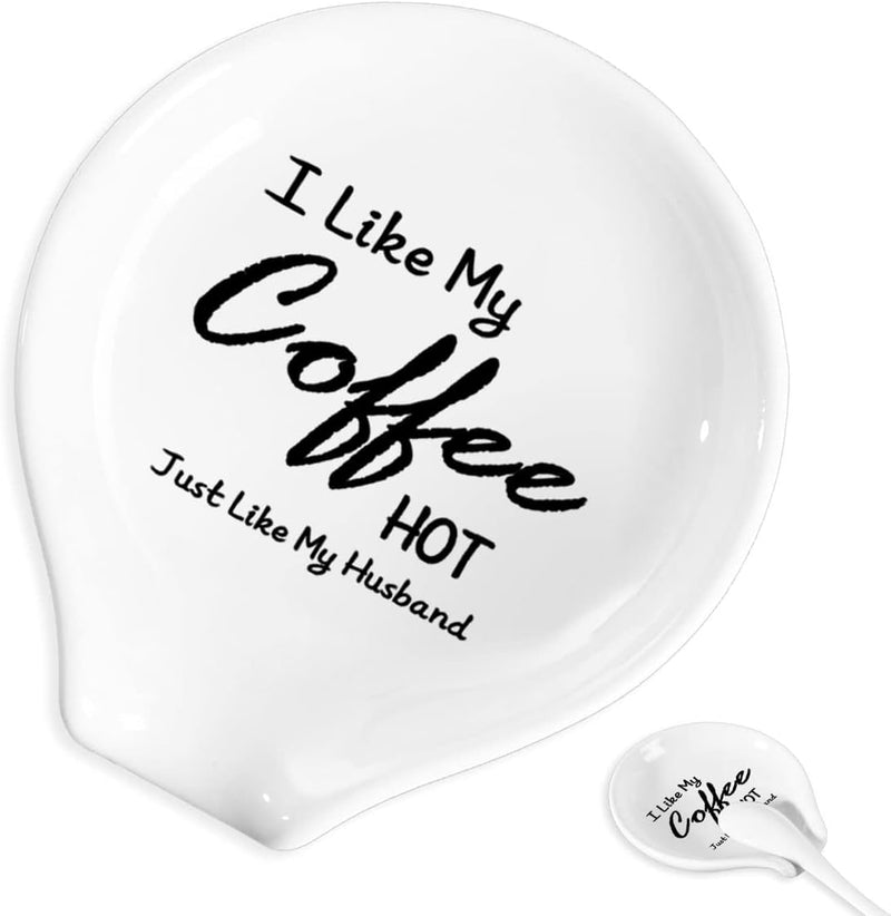 Coffee Spoon Rest and Spoon,Funny Coffee Quote Black And White Ceramic Coffee Spoon Holder-Station Decor Coffee Bar Accessories-Gifts for Coffee Lovers (I Like My Coffee)