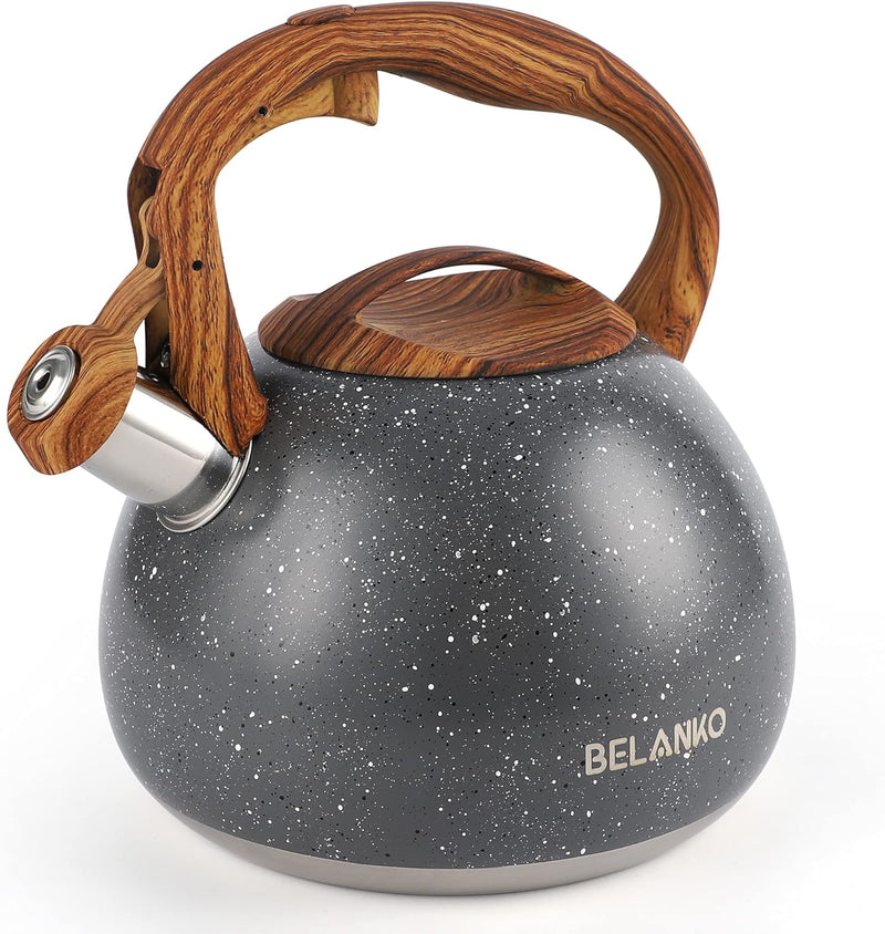 Tea Kettle, BELANKO 102 OZ / 3 Liter Whistling Tea Kettle, Tea Pots for Stove Top Food Grade Stainless Steel with Wood Pattern Handle, Loud Whistle Kettle for Tea, Coffee, Water, Milk - Black Green