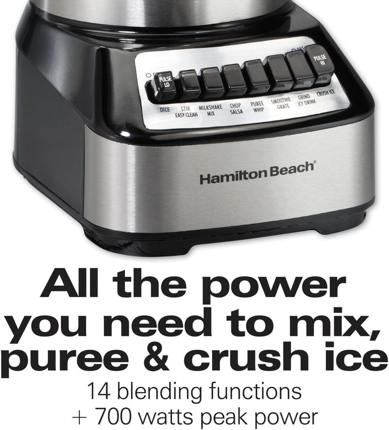 Hamilton Beach Wave Crusher Blender For Shakes and Smoothies With 40 Oz Glass Jar and 14 Functions, Ice Sabre Blades & 700 Watts for Consistently Smooth Results, Black + Stainless Steel (54221)