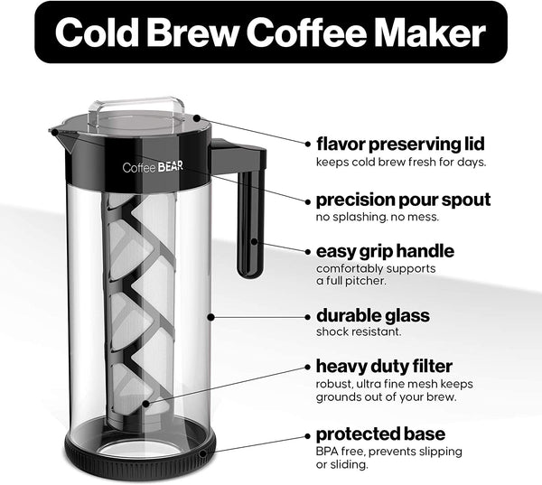 COFFEE BEAR – Cold Brew Coffee Maker and Ice Tea Brewer, Borosilicate Glass Pitcher with Mesh Filter, 1.3L (44oz)