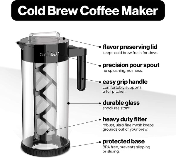 – Cold Brew Coffee Maker and Ice Tea Brewer, Borosilicate Glass Pitcher with Mesh Filter, 1.3L (44oz)