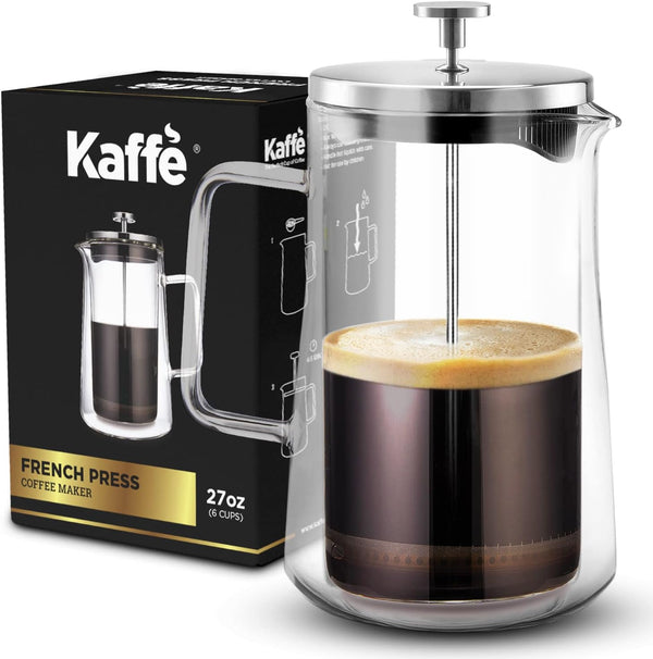 Kaffe Large French Press Coffee Maker & Camping Coffee Pot - Double-Wall Insulated Borosilicate Glass Tea & Coffee Press - Perfect Travel & Camping Cookware (6 cups / 0.8L)