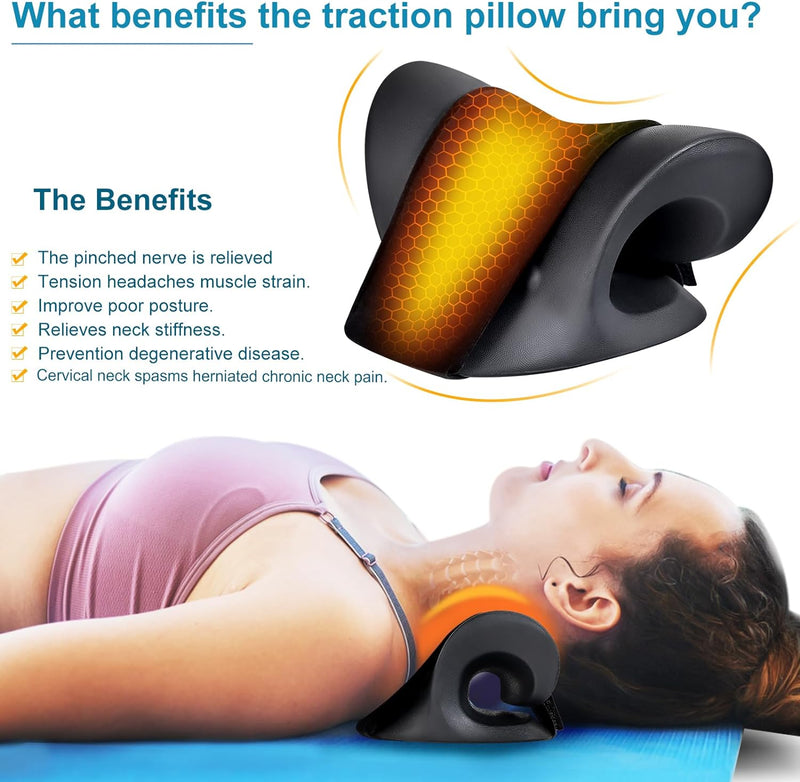 Neck Stretcher Neck Pain Relief Heated Cervical Traction Device Pillow with Graphene Heating Pad Neck Massager Neck Hump Corrector for TMJ Pain Relief and Spine Alignment