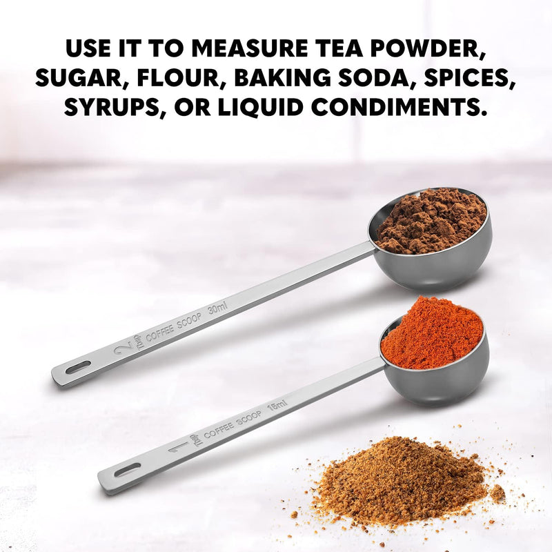 Orblue Premium Coffee Scoop Set - 1 Tbsp (15ml) & 2 Tbsp (30ml) Measuring Tablespoon - Stainless Steel Coffee Measuring Spoon and Scooper with Long Handles - Pack of 2