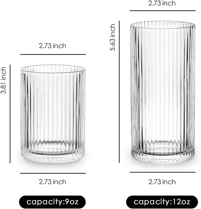 Combler Cocktail Glasses, Rocks Whiskey Glasses, 9oz Drinking Glasses Set of 4, Ribbed Glassware Sets, Small Cute Glass Coffee Cups for Coffee Bar Accessories, Birthday Gifts for Men Women