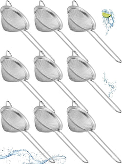 9 Packs Stainless Steel Small Strainer, Steel Cone Shaped Cocktail Strainer, Juice Strainer, Tea Herbs, Coffee Drinks, Long Handle for Coffee Food, 3.2 Inches Silver