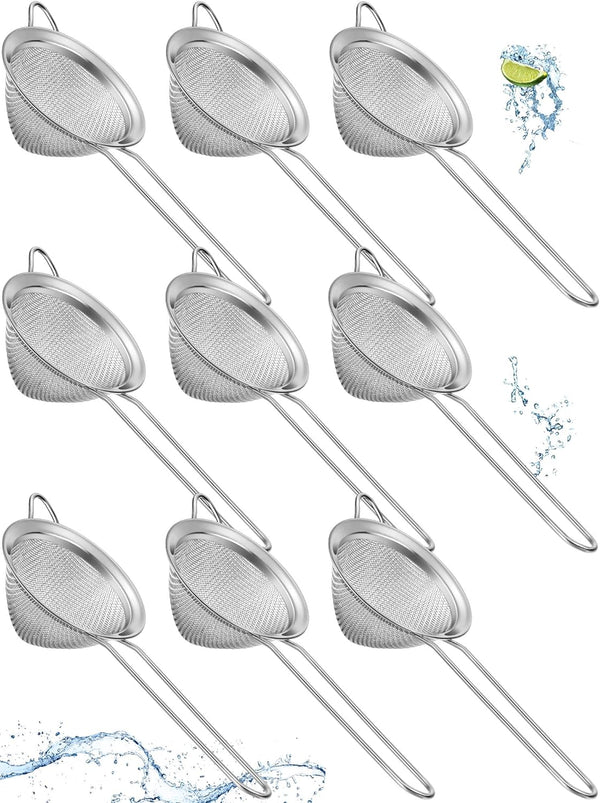 9 Packs Stainless Steel Small Strainer, Steel Cone Shaped Cocktail Strainer, Juice Strainer, Tea Herbs, Coffee Drinks, Long Handle for Coffee Food, 3.2 Inches Silver