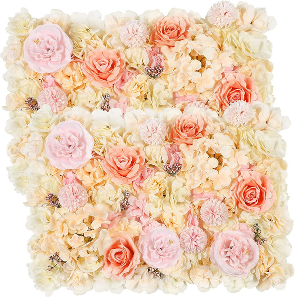 Artificial Flower Wall Panels 24''X16'' Silk Rose Flowers Wall Decor 3D Decorative Flower Panel for Backdrop Wedding Baby Shower Birthday Party Decor (2 Pack,Champagne)