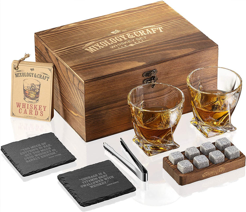 Mixology Whiskey Stones Gift Set for Men - Pack of 2, 10 oz Whiskey Glasses w/ 8 Granite Chilling Rocks, 2 Coasters, Metal Tong & Cocktail Cards in Wooden Box - Square