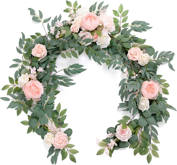 Artificial Eucalyptus Garland with Flowers 6FT, Wedding Table Garland with Flowers Mantle Decor Handcrafted Wedding Centerpieces for Rehearsal Dinner Bridal Shower | Blush & Cream