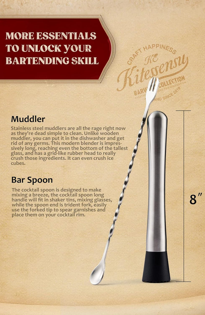 KITESSENSU Muddler and Bar Spoon, 8 Inch Stainless Steel Muddler for Cocktails, Excellent Choice for Mojitos, Caipirinhas, Fruits, Herbs, Spices Based Drinks