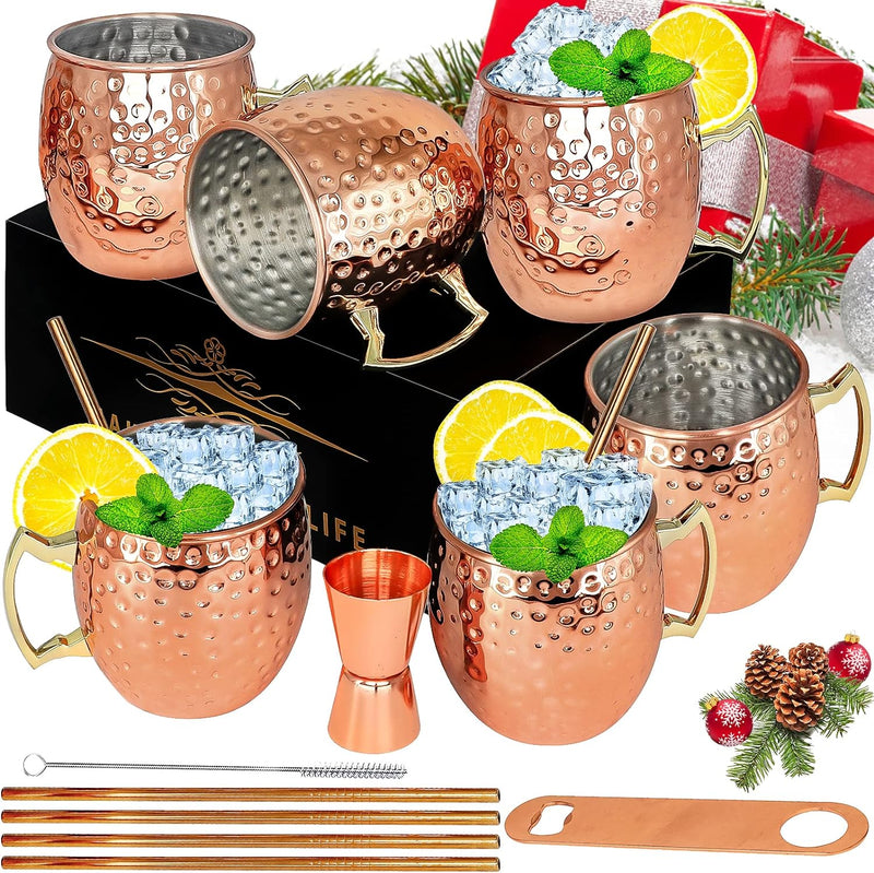 Moscow Mule Copper Mugs- Set of 6 Copper Plated Stainless Steel Mug 18oz, for Chilled Drinks (6 Pack)