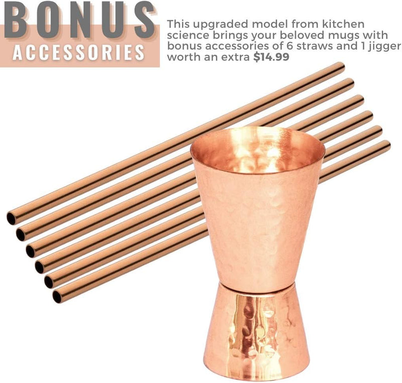 Kitchen Science [Gift Set] Moscow Mule Copper Mugs Set of 6 (16oz) w/Straws & Jigger | 100% Pure Copper Cups, Tarnish-Resistant Food Grade Lacquered Finish, Ergonomic Handle (No Rivet) w/Solid Grip