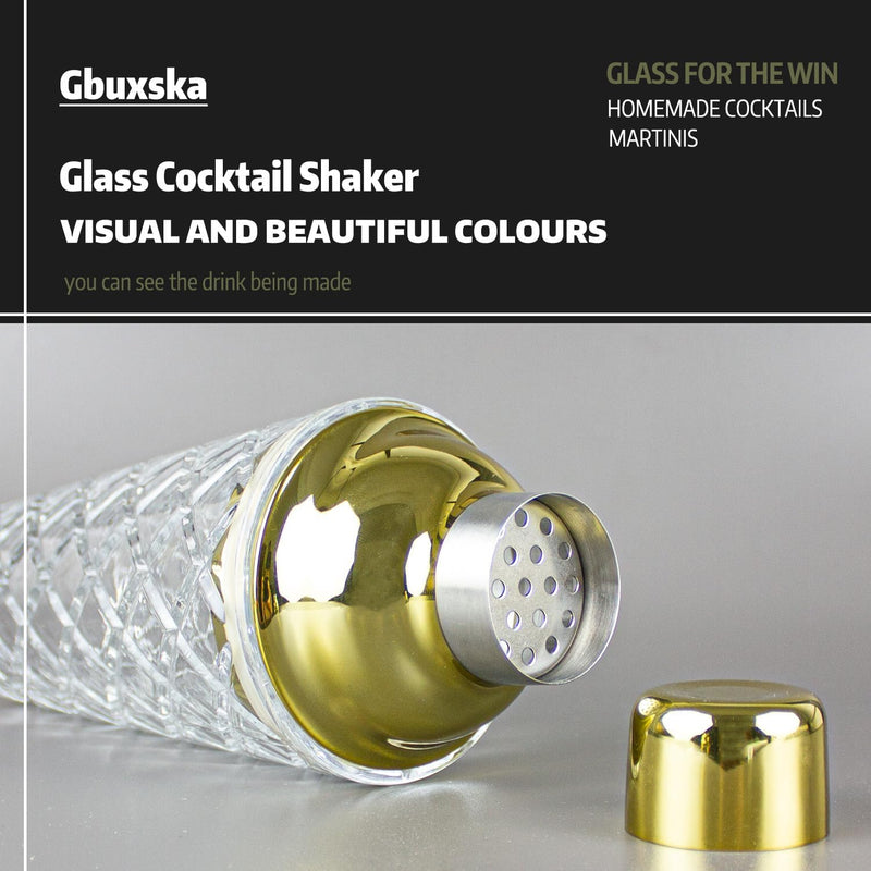 Gbuxska Glass Cocktail Shaker Kit, 14.2 Ounce Martini Mocktail Making Set with Leakproof Metallic Steel Lid & Strainer for Home Use & Bar Cart Gold