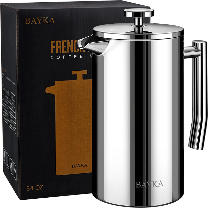 BAYKA French Press Coffee Tea Maker 34oz, 1 Liter Stainless Steel Insulated Coffee Press with 4 Filter Screens, Rust-Free, Dishwasher Safe, Silver