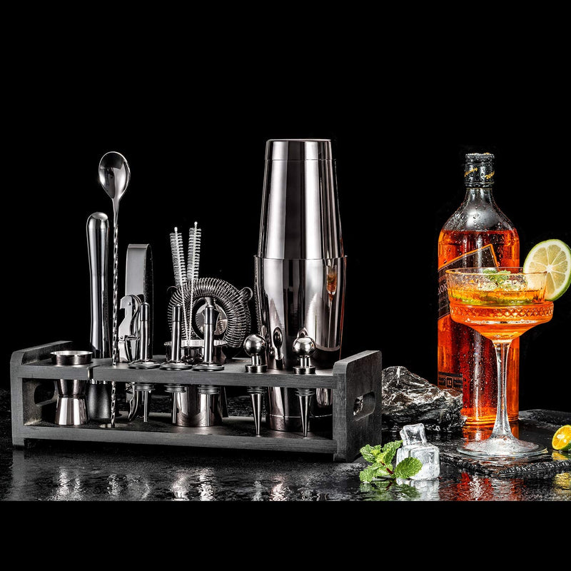 Soing 24-Piece Cocktail Shaker Set,Perfect Home Bartender Kit for Drink Mixing,Stainless Steel Bar Tools With Stand,Velvet Carry Bag & Recipes Cards Included (Black)