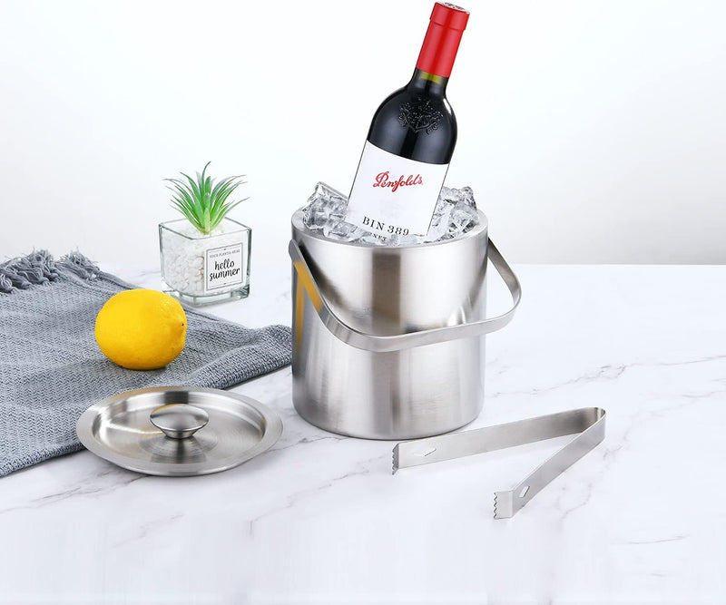 LUCKYGOOBO Mini Stainless Steel Ice Bucket Portable Double Wall Ice Bucket with Tong, Hotel Bucket/Champagne Bucket/Beverage Bucket,Size 1.3 Liters 5.5 x 5.5 in,Serveware for Party,Event,and Camping.