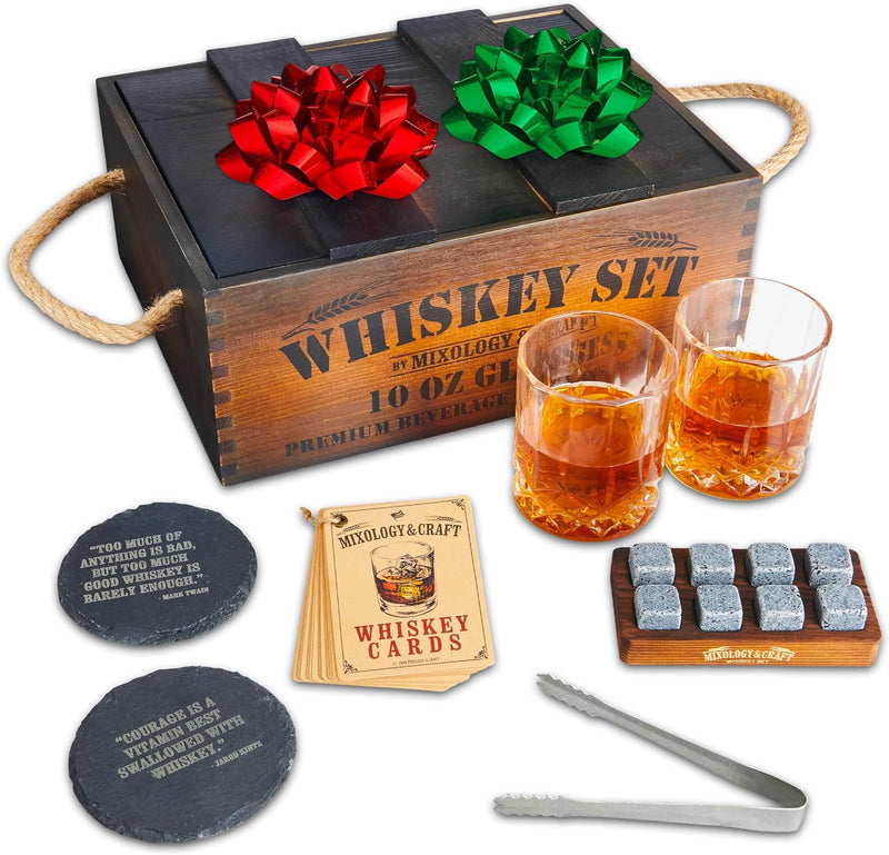 Mixology & Craft Whiskey Stones Gift Set for Men - 2 Glasses, 8 Chilling Rocks & Wooden Box - Whiskey Glass Gift Sets - Jameson Dark Brown