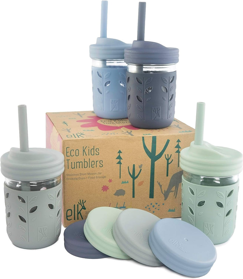 Elk and Friends Kids & Toddler Cups | The Original Glass Mason jars 8 oz with Silicone Sleeves & Silicone Straws with Stoppers | Smoothie Cups | Spill Proof Sippy Cups for Toddlers