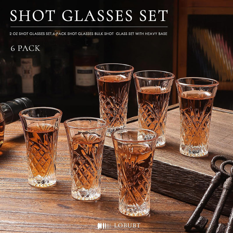 LOBUBT 2 OZ Shot Glasses Set,6-Pack Tequila Shot Glasses with Heavy Base Crystal Shot Glasses Bulk Small Whiskey Cordial Glass for Liqueur Spirits Bar Party Favor