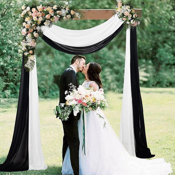 Wedding Arch Drapes 2 Panels 29X216 Inch Chiffon Arch Fabric Drapery Wedding Archway 6 Yards Wedding Ceremony Decorations Sheer Fabric for Draping(18Ft, White+Black)