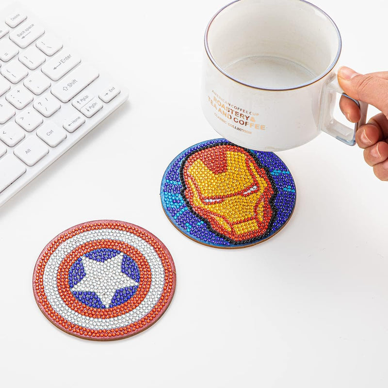 Diamond Painting Coasters Tea Coasters Coffee Mats 8-Pack with Stands Marvel Super Heroes Theme Washable Mugs Tea Cups Coffee Cups Water Cups for Adults and Kids（017）