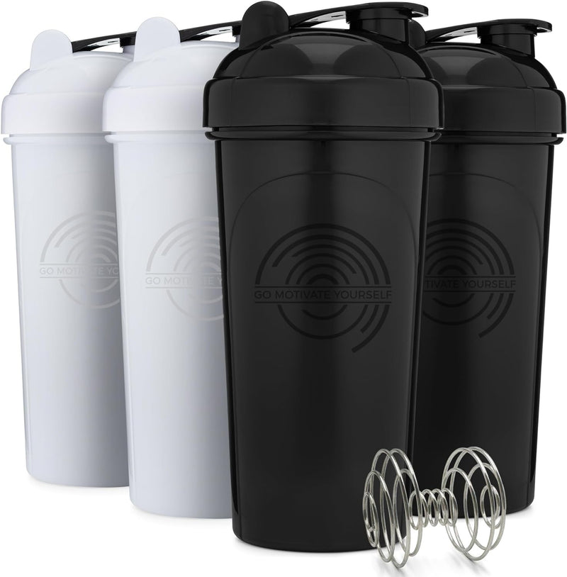 GOMOYO [4 Pack] 28 oz Shaker Bottle 4-Pack with Mixing Agitators for Protein Mixes Pack is BPA Free and Dishwasher Safe (White, Black/Gold, Moss, Navy)