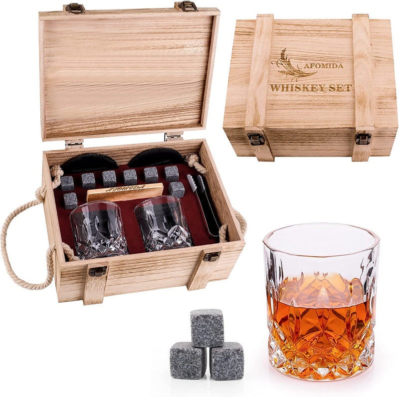 Whisky Stones and Glasses Set Gift for Men, Pack of 2 Whiskey Glasses 10 oz, 8 Granite Chilling Rocks, 2 Slate Coasters, Cocktail Cards in Wooden Crate Special present for Husband Father Boyfriend Him