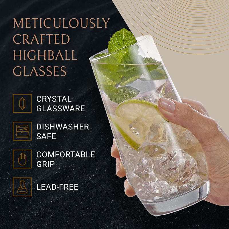 JoyJolt Gwen 18oz Highball Glasses, 4pc Tall Glass Sets. Lead-Free Crystal Glass Drinking Glasses. Water Glasses, Mojito Glass Cups, Tom Collins Bar Glassware, and Mixed Drink Cocktail Glass Set