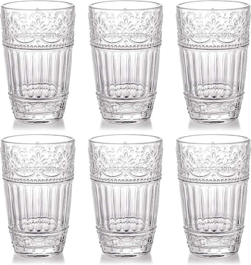 AVLA 6 Pack Vintage Drinking Glasses, 12 OZ Romantic Highball Glass Cup, Skinny Tall Cocktail Glass Tumbler, High Beverage Water Glassware, Tom Collins Barware Tumbler for Mojito, Juice, Beer, Soda