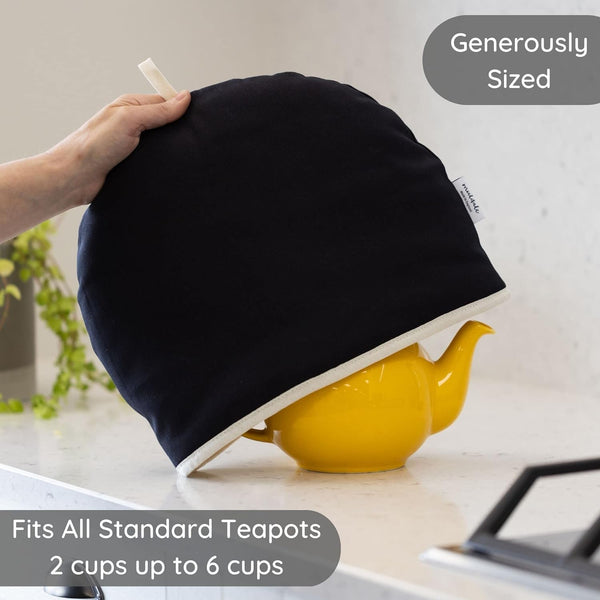 Muldale Large Tea Cozy for Teapot Insulated - Black - Thermal 100% Cotton Extra Thick Wadding - Designed in England - Tea Cozies Covers Fit 1 to 6 Cup Neutral Kitchen Textiles Range