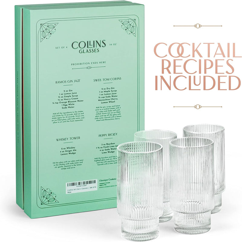 Vintage Art Deco Collins Ribbed Cocktail Glasses | Set of 4 | 14 oz Crystal Highball Glassware for Drinking Mojito, Tom Collins, Classic Hi Ball Bar Drinks | Skinny Tall Barware Tumblers