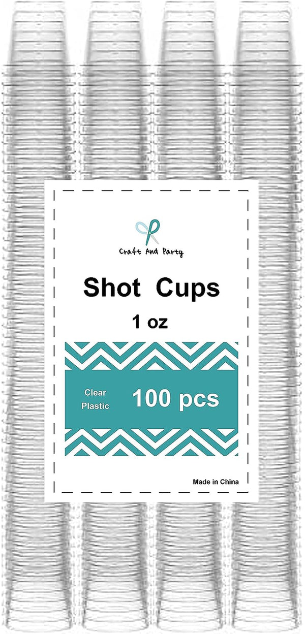 Craft And Party, 1oz 100 pcs Premium Clear Shot Glasses. Disposable Clear Cups for Wine Tasting, Vodka, Whiskey, jelly shot, sample Cups For Party and Gathering. (100, 1oz)