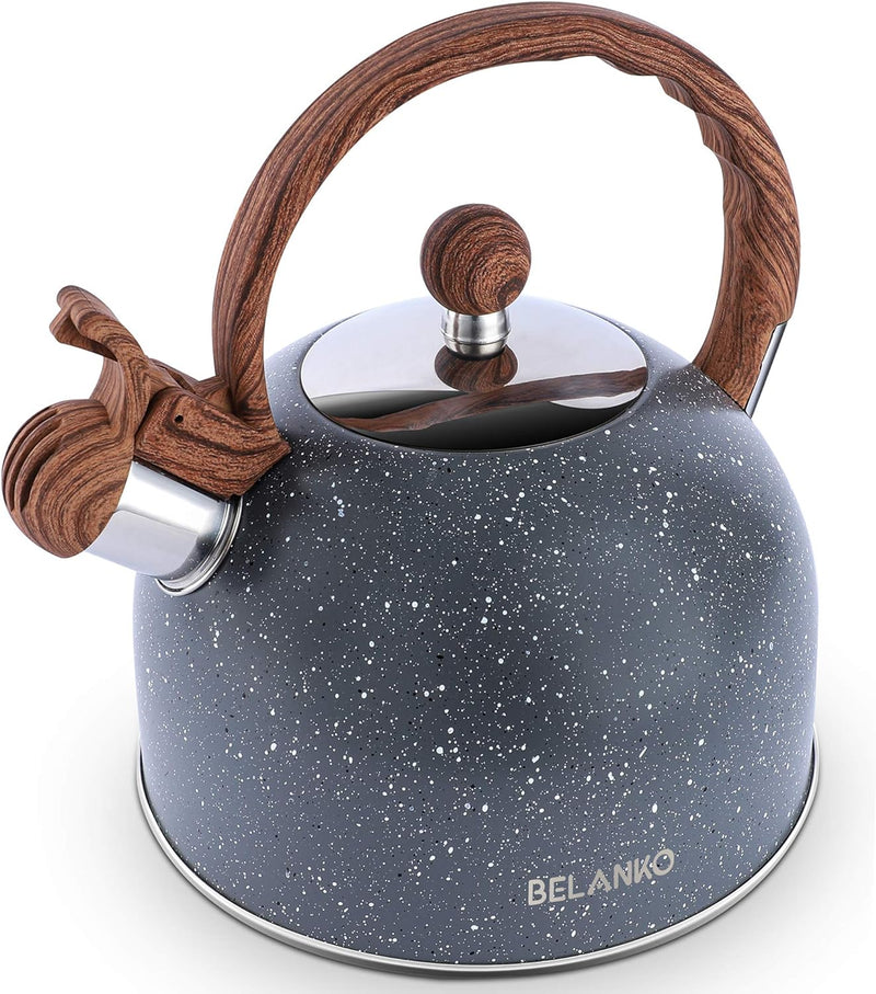 Tea Kettle, BELANKO 85 OZ / 2.5 Liter Whistling Tea Kettle Pots for Stove Top Food Grade Stainless Steel with Wood Pattern Folding Handle, Loud Whistle for Tea, Coffee, Milk - Milk White