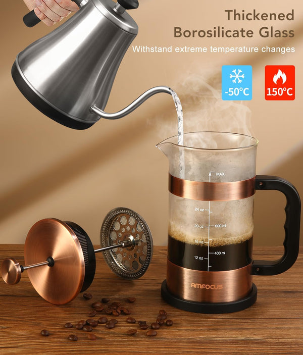 AMFOCUS French Press Coffee Maker, 34oz Glass, Heat-resistant Borosilicate, 4-Level Filters, Portable Cold Brew for Travel, Home Gift (Copper)