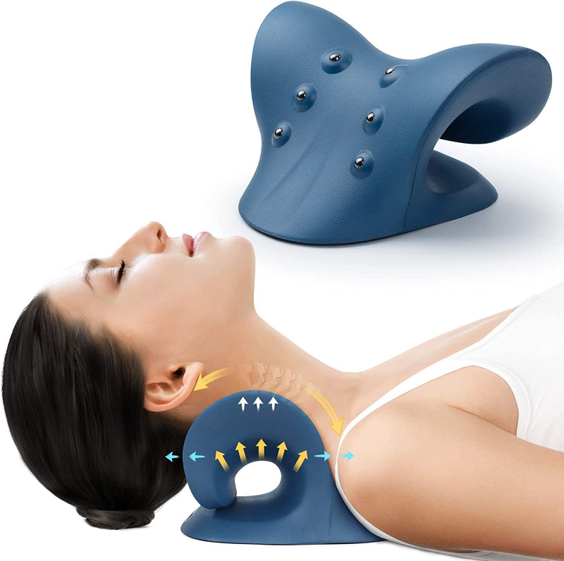 Neck and Shoulder Relaxer, Cervical Neck Traction Device Neck Stretcher with Magnetic Therapy, Cervical Spine Alignment, Chiropractic Pillow, Neck Massager for TMJ Pain Relief (Blue)