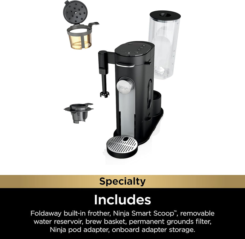 Ninja PB051 Pods & Grounds Specialty Single-Serve Coffee Maker, K-Cup Pod Compatible, Built-In Milk Frother, 6-oz. Cup to 24-oz. Travel Mug Sizes, Black