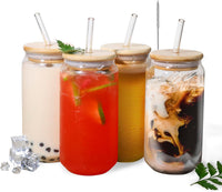 [ 8pcs Set ] Drinking Beer Glasses with Bamboo Lids and Glass  Straw - 16oz Can Shaped Glass Cups, Iced Coffee Glasses, Cute Tumbler Cup,  Ideal for Cocktail, Whiskey, Gift 