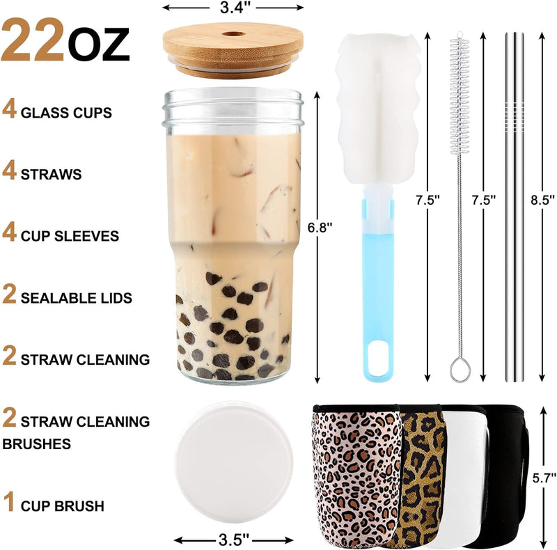 MOVNO Smoothie Mason Jar Cups with Lid And Straw, 22 oz Pack of 4 Reusable Boba Tea Drinking Jars Cup with Airtight Lids and Brush, Reusable Glass Tumbler with Sleeves for Iced Coffee,Milkshake, Gift