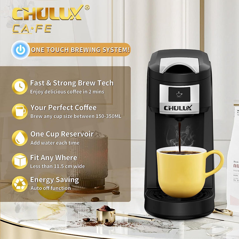 CHULUX Single Serve Coffee Maker, One Cup Coffee Brewer for K Cup & Ground Coffee, 5 to 12oz Brew Sizes in Mins, Auto Off Function, Portable Coffee Machine for Home, Office, Travel, Kitchen