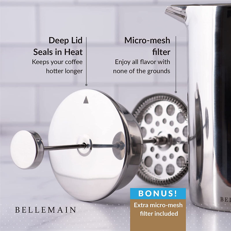 Bellemain French Press Coffee Maker Extra Filters Included, 35 oz, Stainless Steel