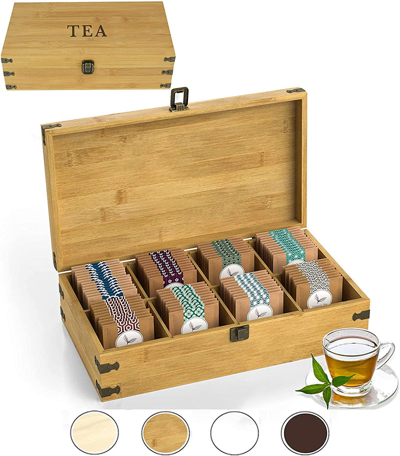 Zen Earth Inspired Bamboo Tea Organizer Box Chemical Free Eco-Friendly Big, Tall, Adjustable Cubbies Natural Wooden Storage Chest (6-Slot 11" x 8.1" x 4.2" with TEA print design)