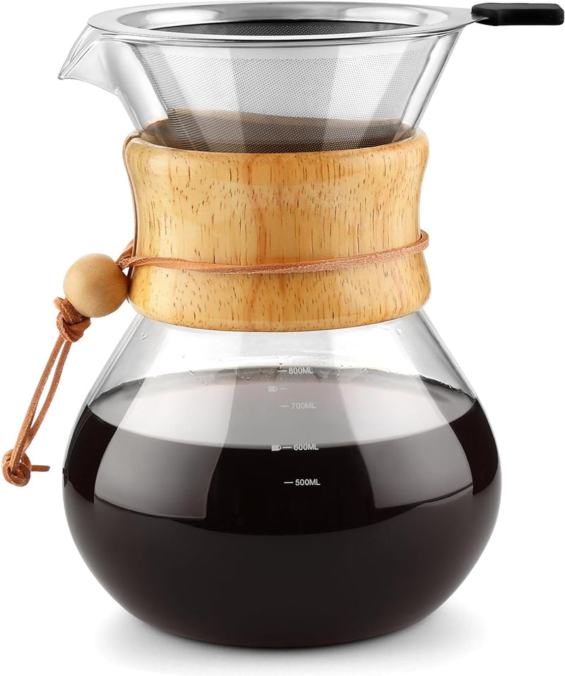 COPOTEA Pour Over Coffee Maker with Double Layer Stainless Steel Filter, 28oz / 800ml Coffee Dripper Brewer, High Heat Resistant Carafe, Wooden Collar Coffee Carafe