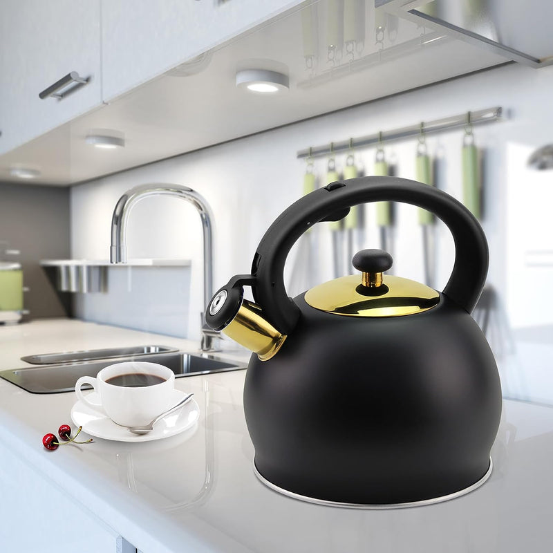 SHANGZHER Tea Kettle Stovetop Stainless Steel Whistle Induction Teakettle Fixed Cool Handle 3.2 Quart / 3 Liter Black